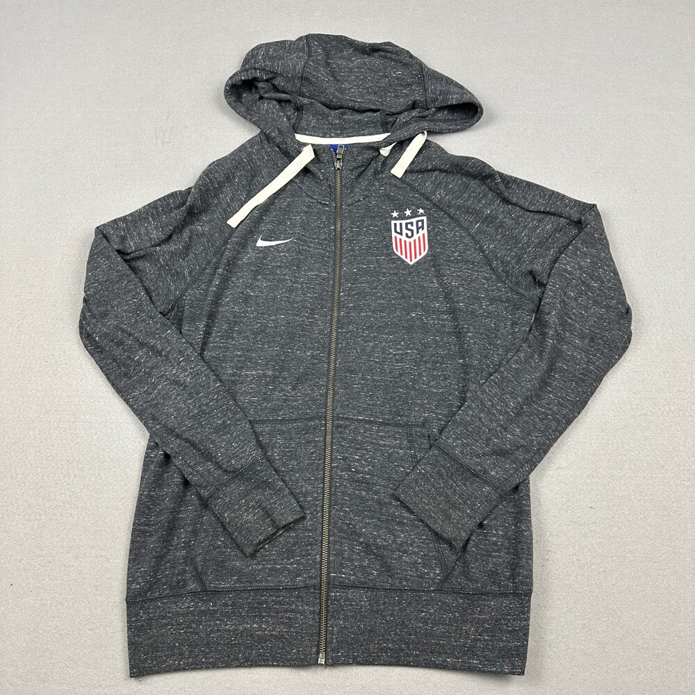 Nike Jacket Women Large Gray Full Zip USA Soccer Hood Pockets Drawstring L *